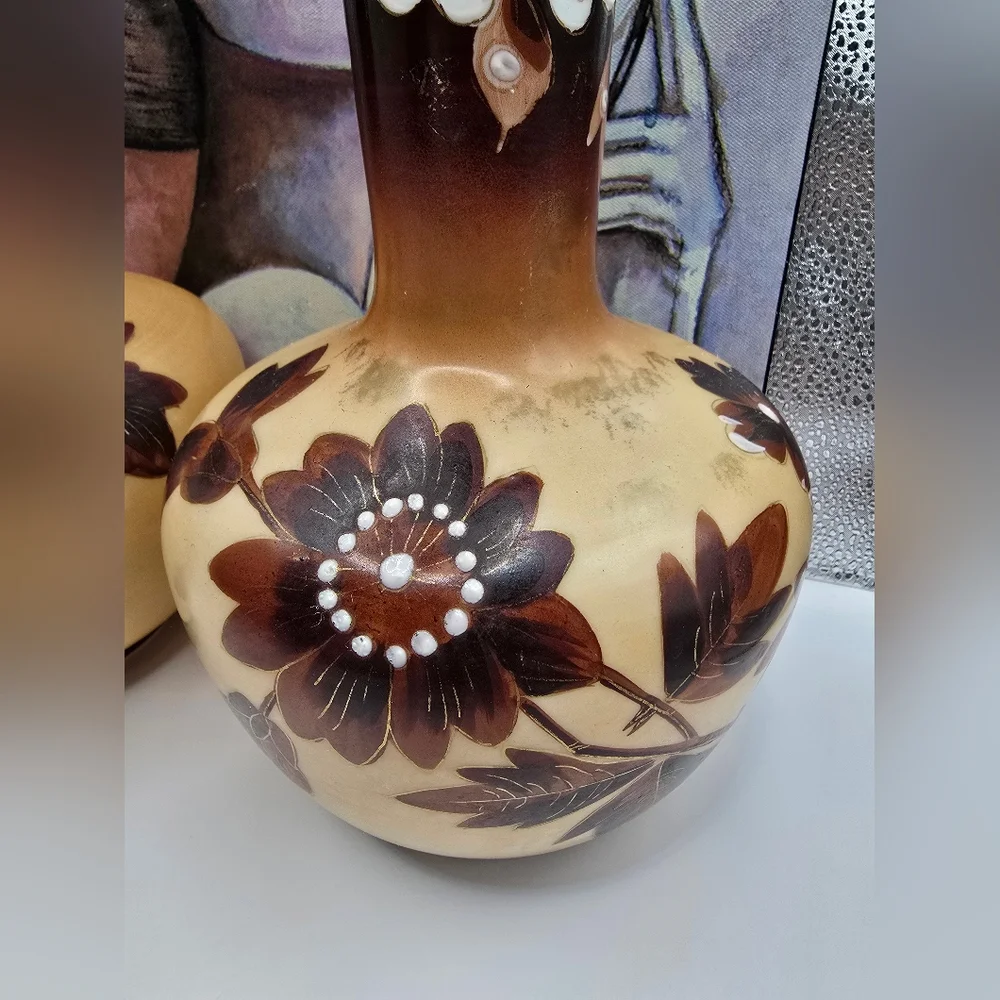 Antique Victorian Tan & Brown Floral Opaline Bristol Glass Pair of Vases